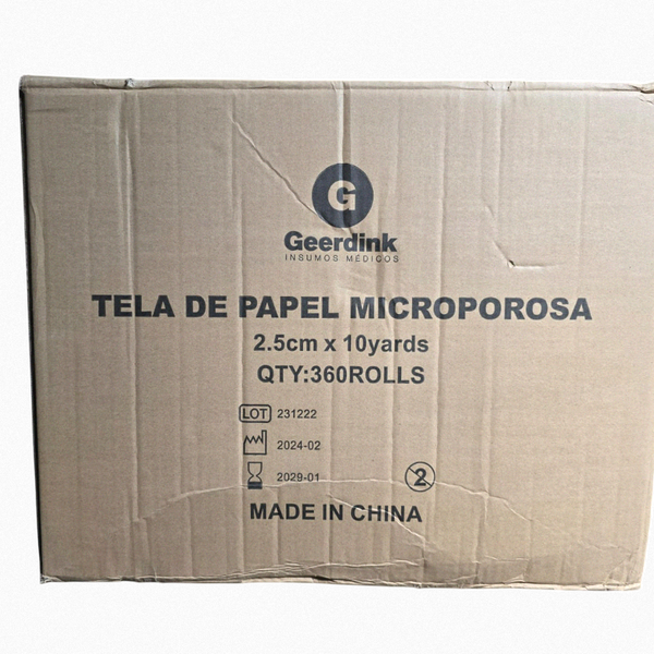 Tela microporosa Adhesiva Papel C/Dispensador 2.5 CM. x 9.1 MTS. Caja Madre de 360 Rollos