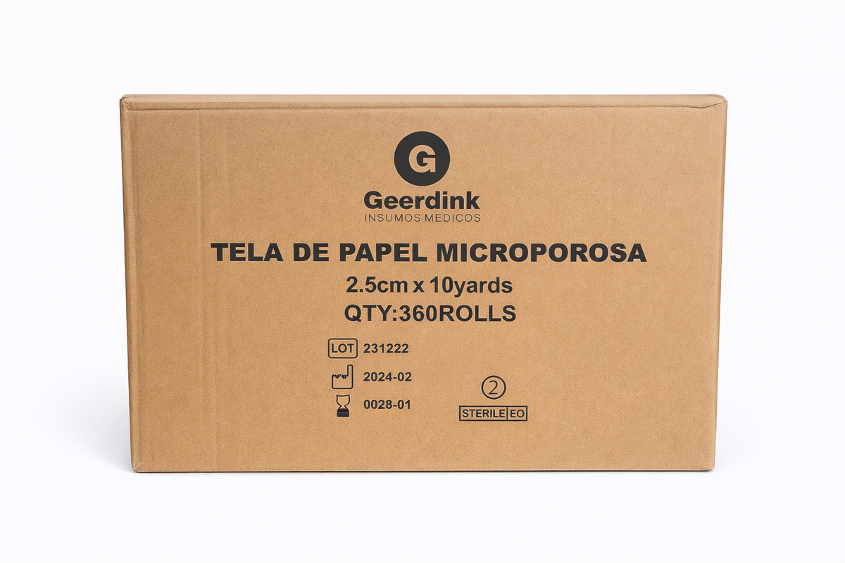 Tela Microporosa Adhesiva con Dispensador Geerdink 2,5 cm × 9,1 m | Caja Madre (30 cajas × 12 rollos)
