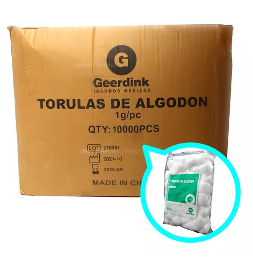 Torulas de algodón de 1 Gr. – Caja madre de 100 bolsas x 100 unidades.