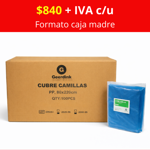 Cubre Camilla Elasticado Geerdink 80×220 cm | Caja Madre (10 bolsas × 10 unidades)