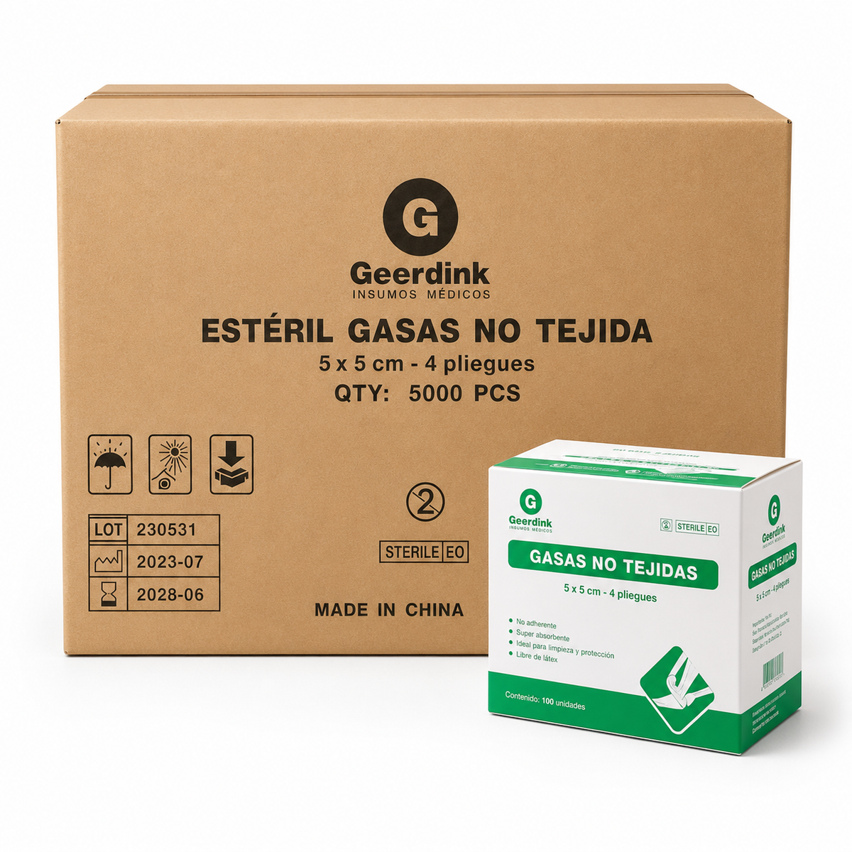 Gasa no tejida estéril Geerdink 5CM x 5CM | Caja Madre (50 Cajas x 50 sobres x 2 gasas)
