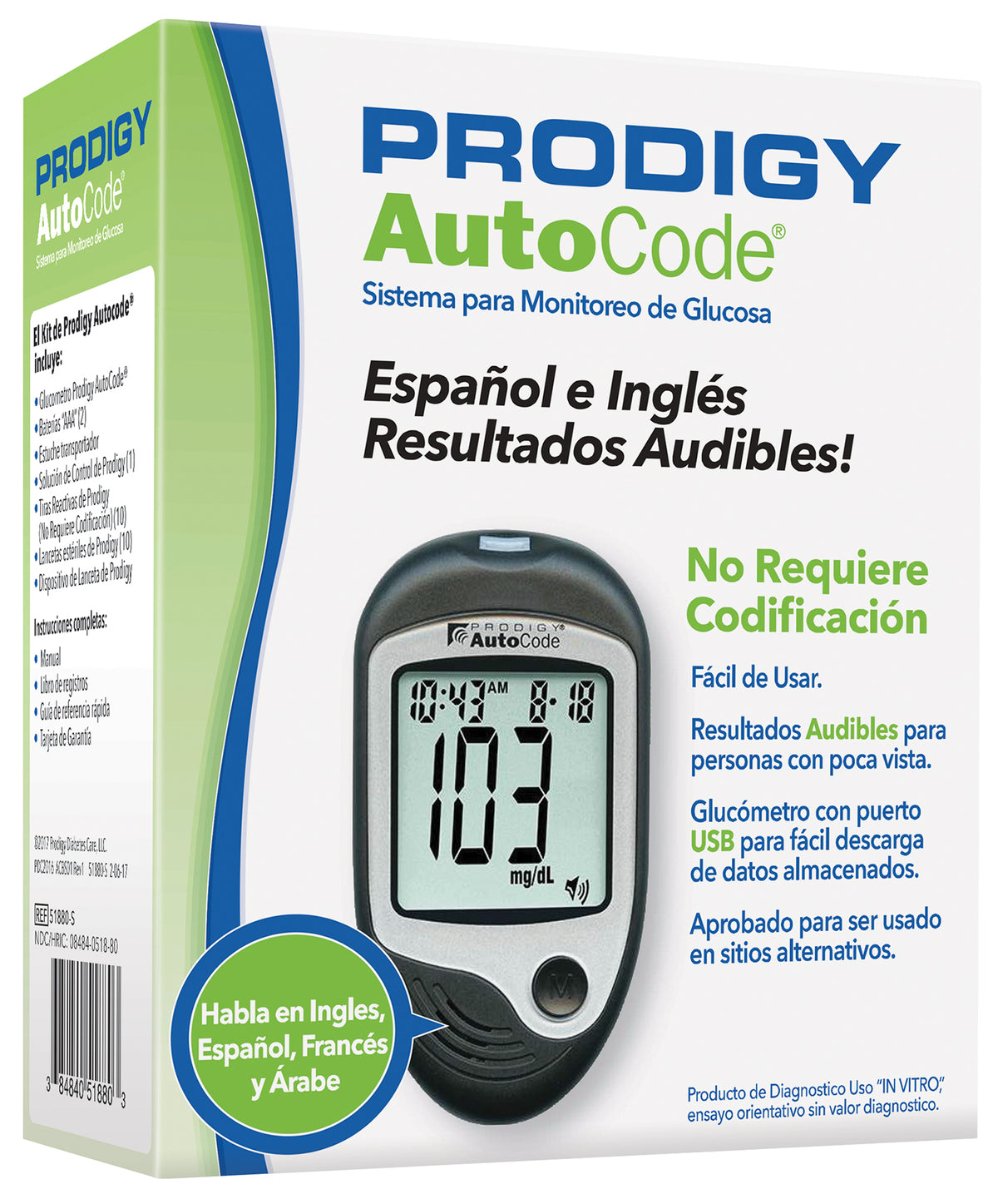 Cuto Code Glucometro Prodigy AutoCode con Voz en Español.