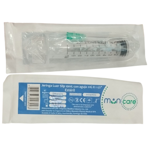Jeringa Muncare Luer Slip 10 Ml Con Aguja 21G X 1 1/2