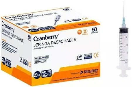 Jeringa Con Aguja 20ml Luer Lock 21g x 1 1/2 caja x 50 Unds. Cranberry